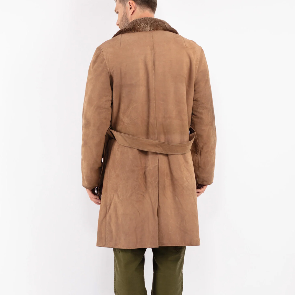 Men Leather Fur Coat in Beige
