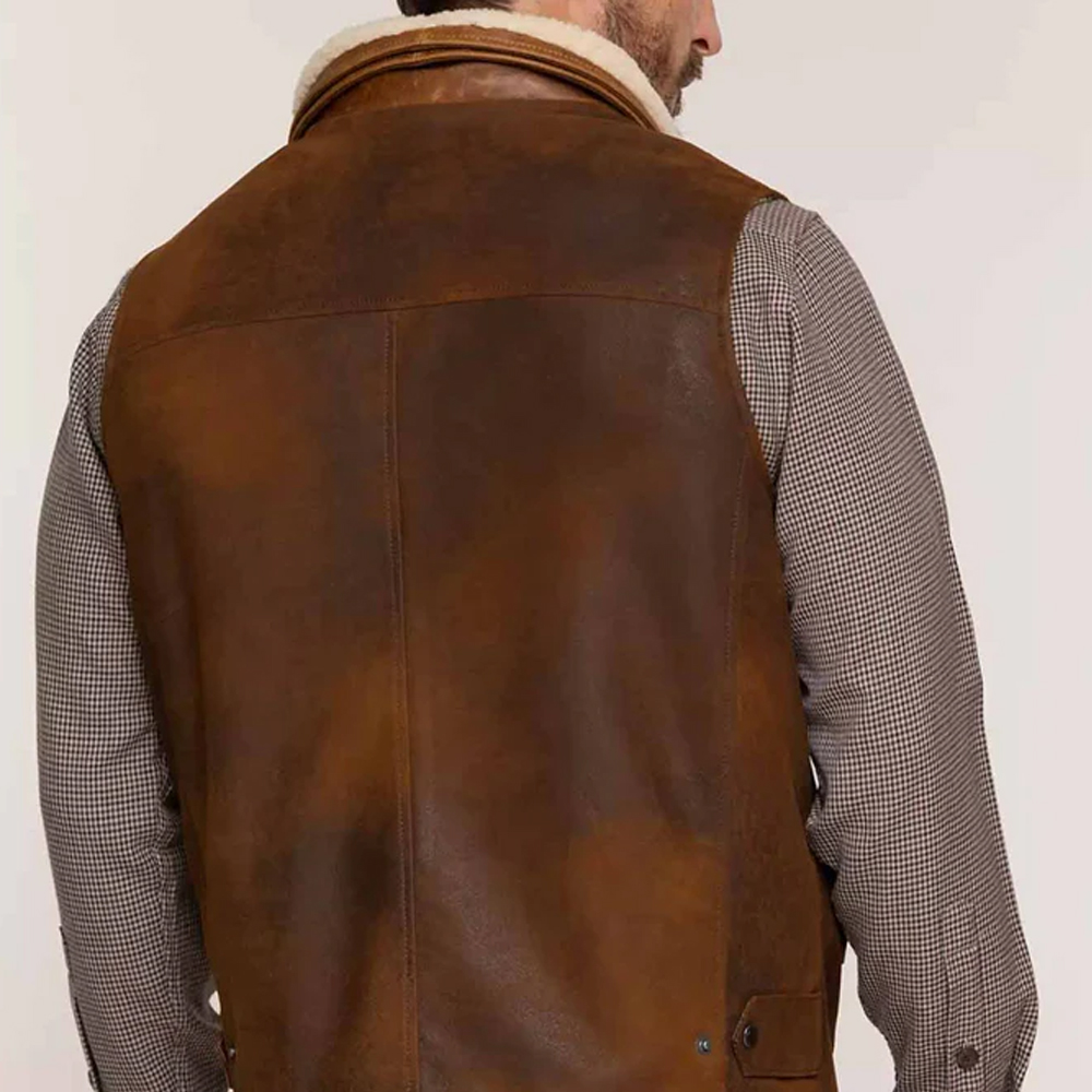 Brown Leather Warm Vest Removable Shearling Collar