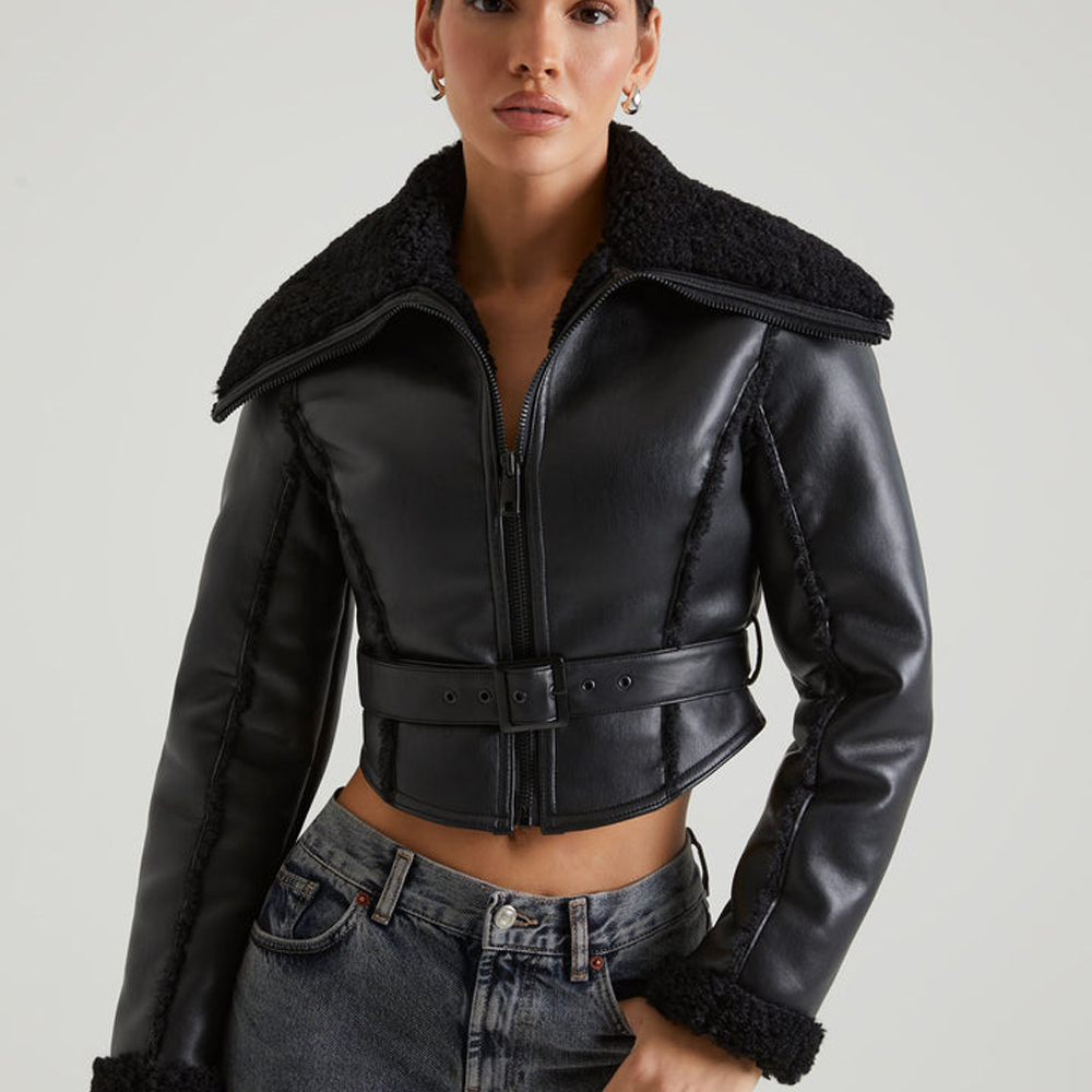 EIRA Jacket with Shearling Collar and Trim in Black