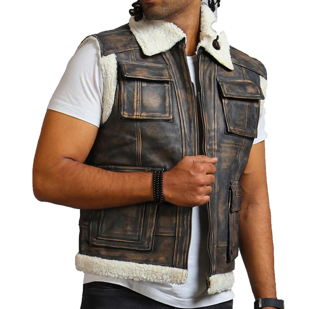 Genuine Brown Leather Vest with Fur Lining