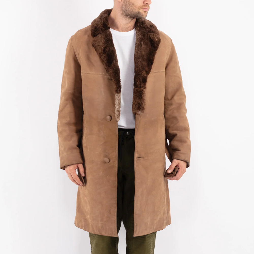 Men Leather Fur Coat in Beige