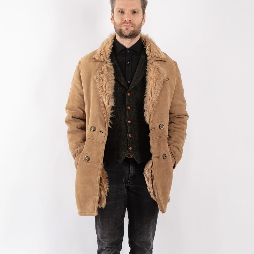 Men Sheepskin Shearling Coat in Beige