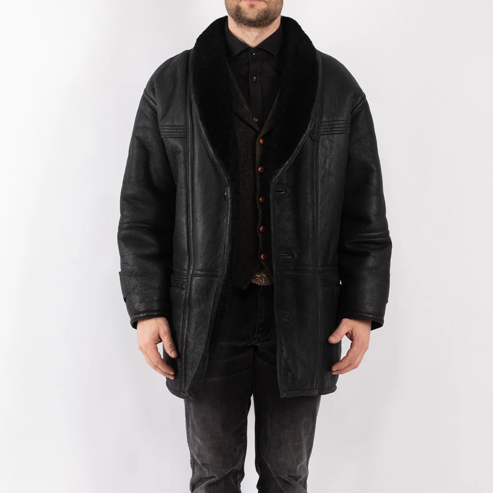 Men Sheepskin Shearling Coat in Black