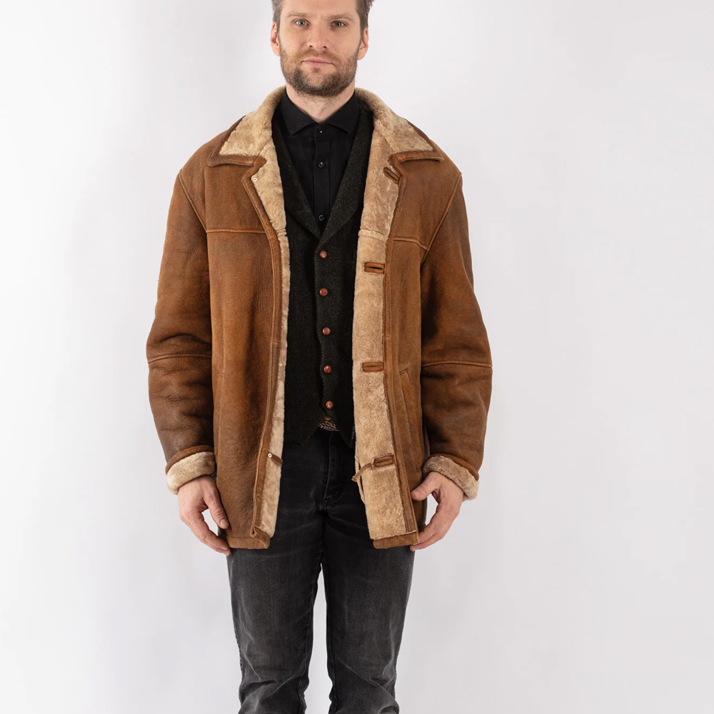 Men Sheepskin Shearling Coat in Brown