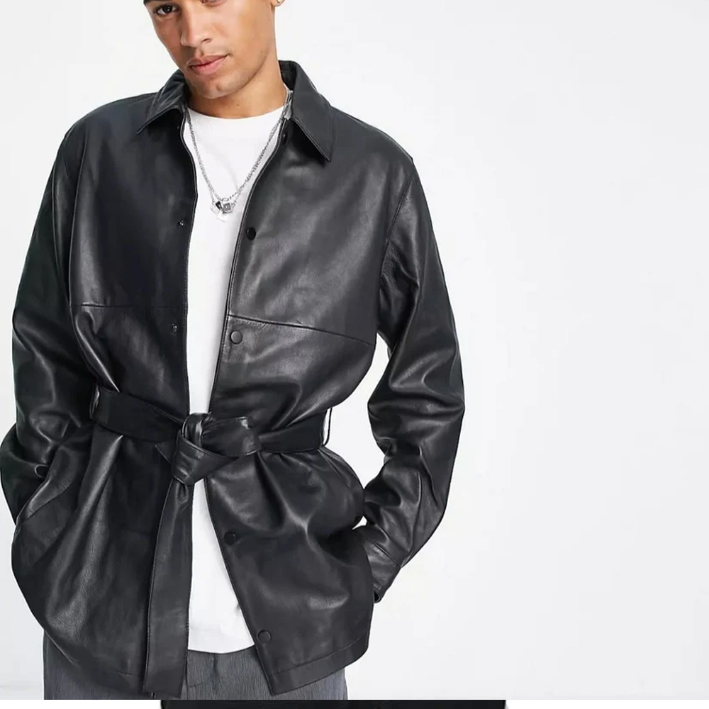 Mens belted black leather shirt
