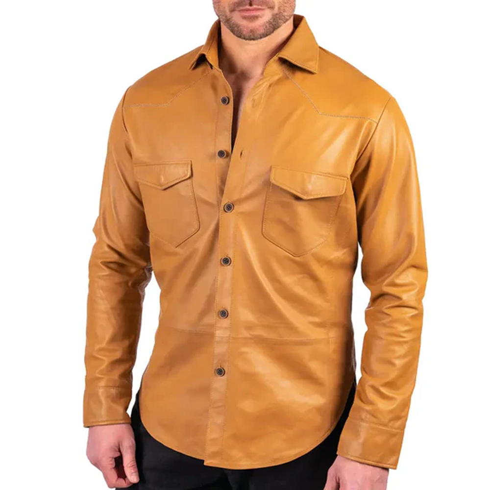 Sandalwood Lambskin Leather Button-Up Shirt For Men